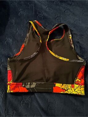 adidas Black Sports Bra with Red and Yellow Floral Trim